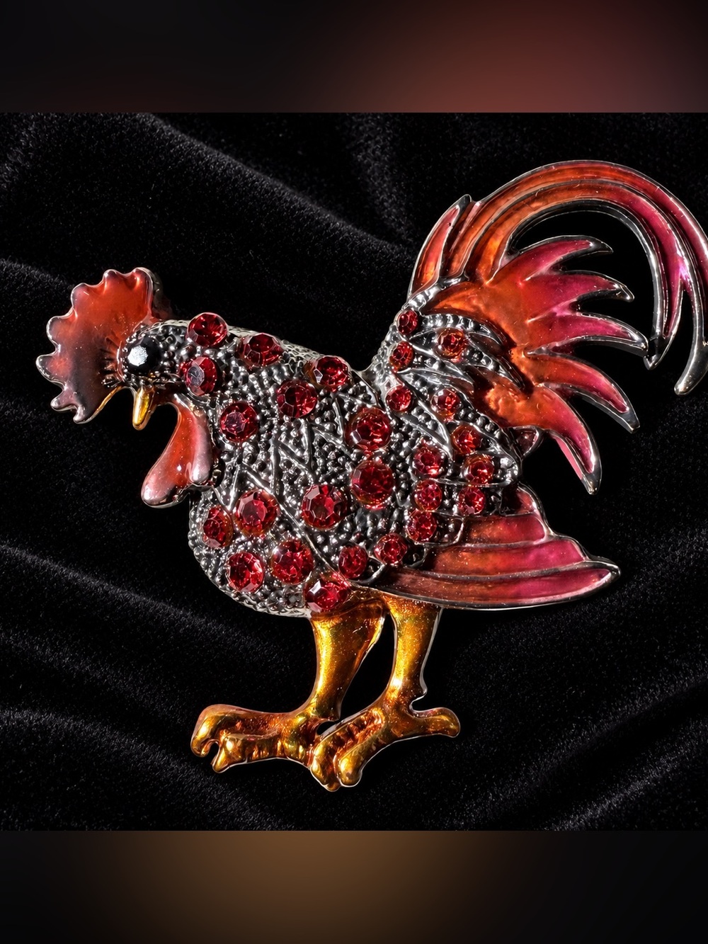 Red Rooster Crystal Brooch